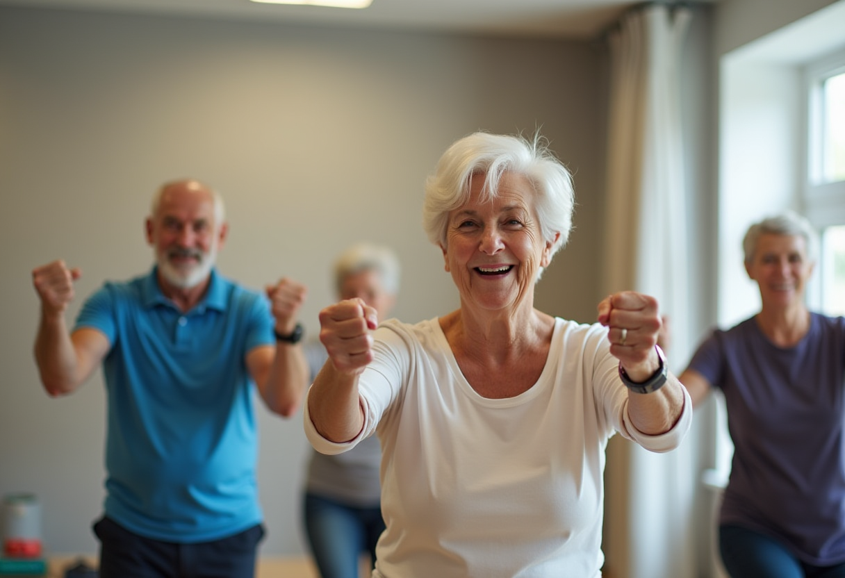 Възрастни хора правят упражнения в група